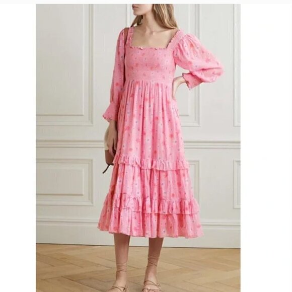 LoveShackFancy Miri Dress Tired Midi Puff Sleeves Smocked Size M - Picture 2 of 9